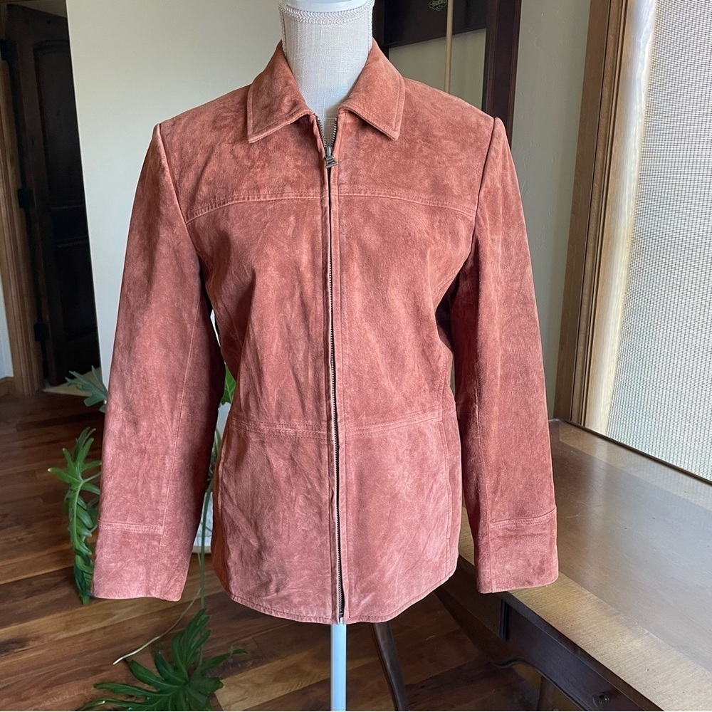 Vintage Washable Genuine Suede Leather Jacket in Rust with Front Zip Closure